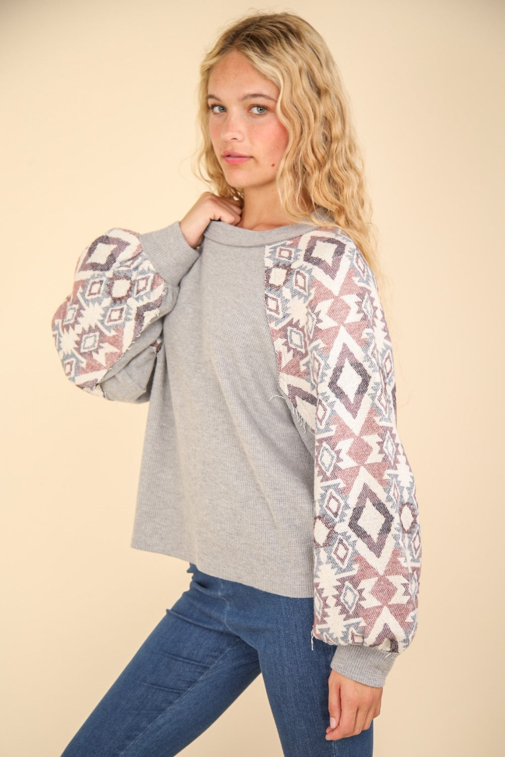 VERY J Printed Long Sleeve Round Neck Knit Top