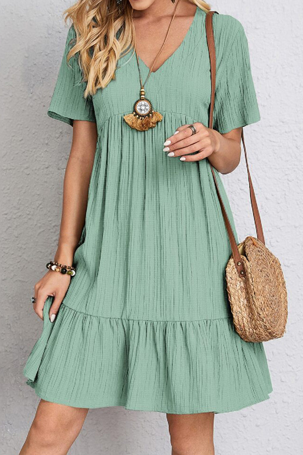 Full Size Ruched V-Neck Short Sleeve Dress