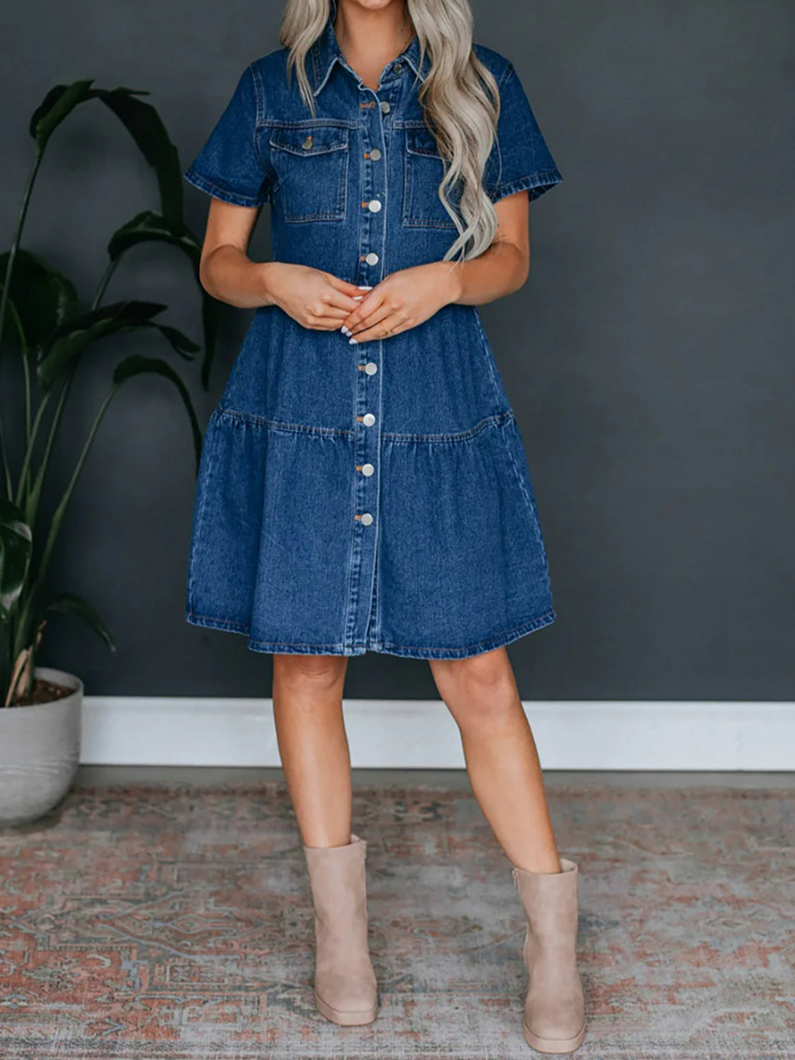 Button Up Short Sleeve Denim Dress