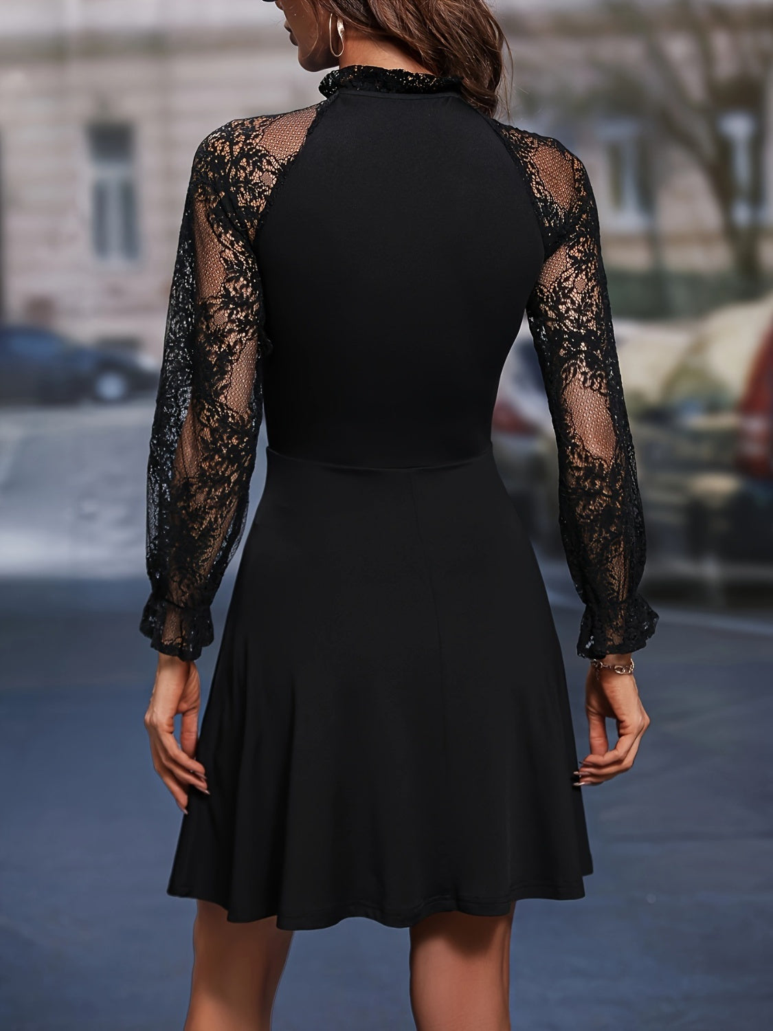 Lace Tie Neck Flounce Sleeve Dress