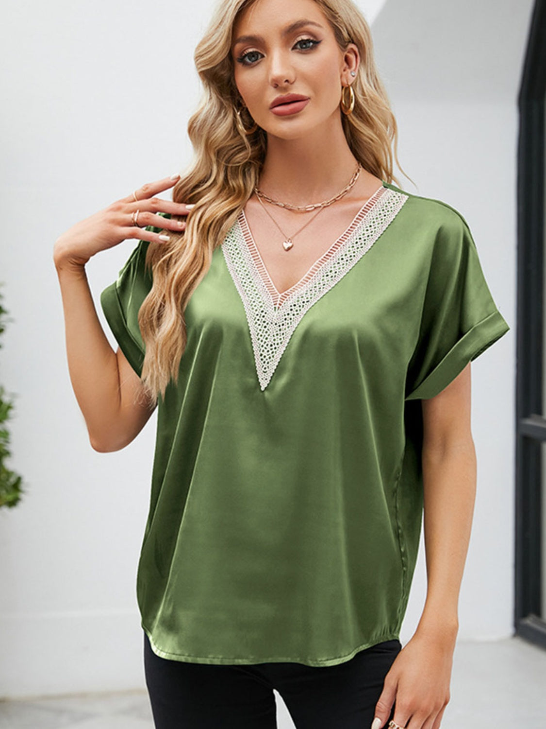 V-Neck Short Sleeve Blouse